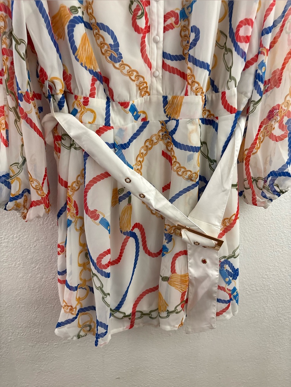 Miss Avenue dress white base with a vibrant red, blue, and gold chain print 2XL - Picture 2 of 7